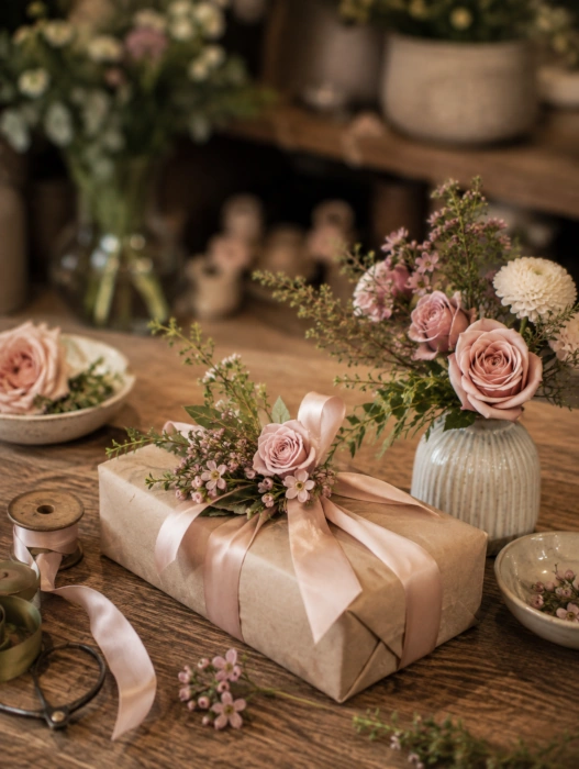 Regalo composto con fiori e piccoli dettagli