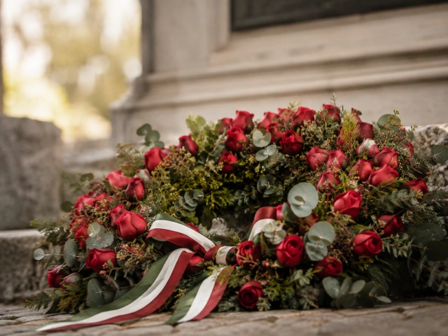 Corone commemorative e boccioli di rosa rossa per il 25 aprile