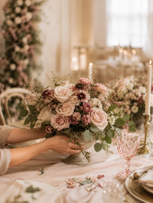 Riallestimento delle composizioni floreali durante il matrimonio